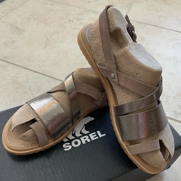 New SOREL Ash Brown Metallic Ella Leather Sandals - Picture 6 of 6